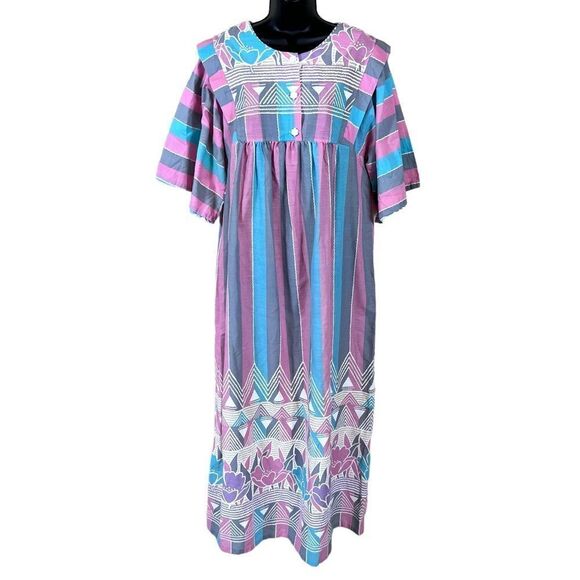 Vintage Sears At Home Wear Pastel Pink Gray Blue Floral Muumuu Dress - Picture 1 of 14
